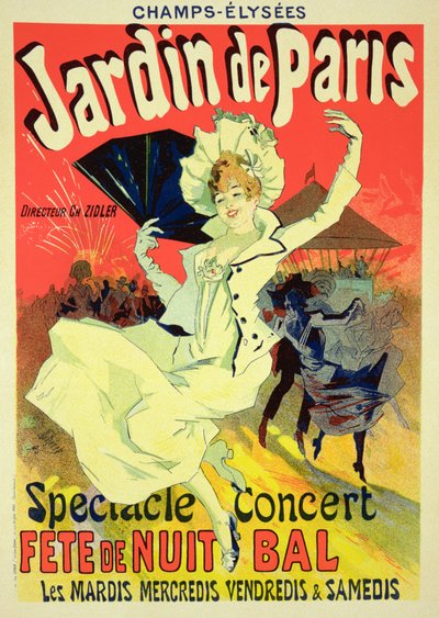 シャンゼリゼ通りに「ジャルダンドゥパリ」を宣伝するポスターの複製、1890 作： Jules Cheret